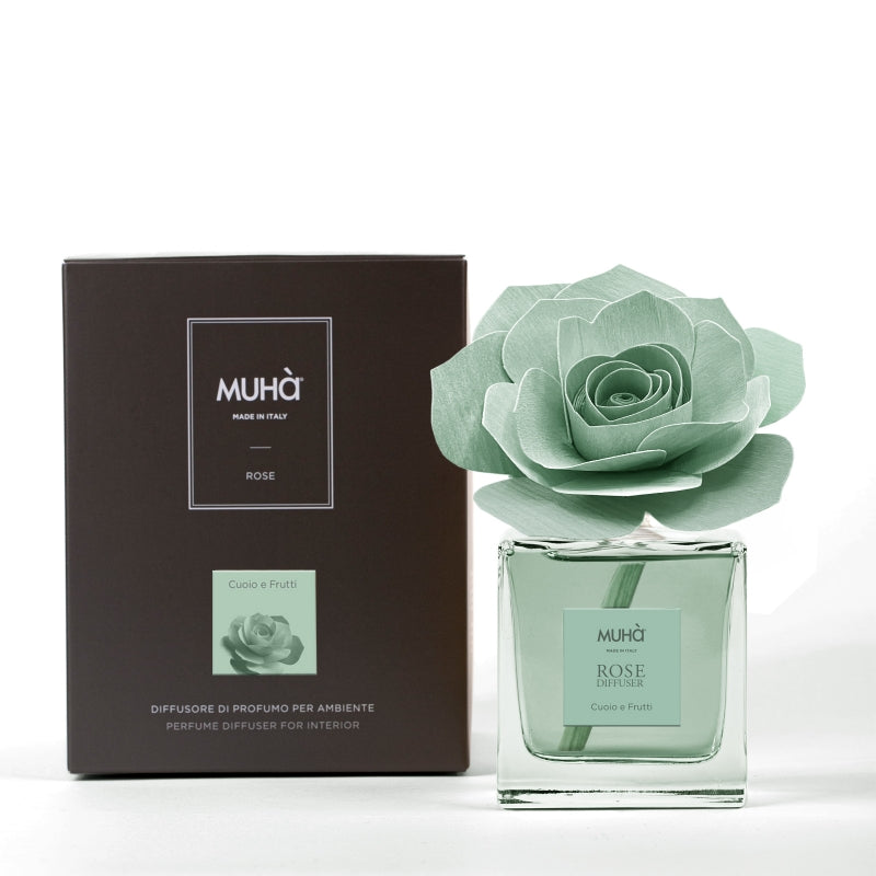 Profumatore d'ambiente Muhà Rose Diffuser Cuoio e Frutti in flacone squadrato di vetro
