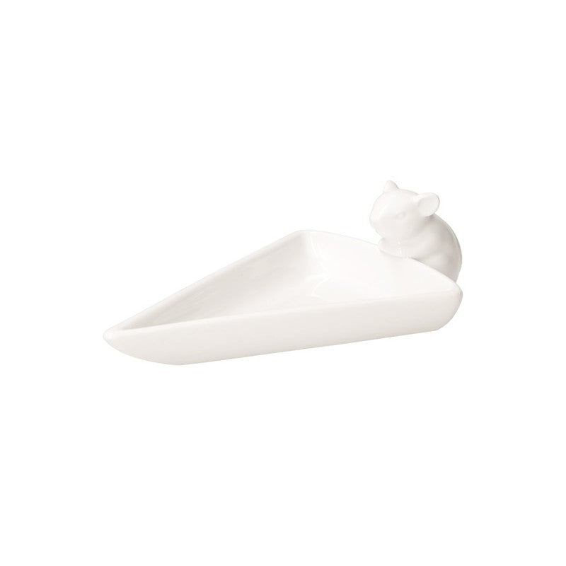 Contenitore in porcellana di colore bianca a forma triangolare con manico a forma di topolino. Dimensioni: 20,5 x 12 x h 5,5 cm. Lavabile in lavastoviglie. In negozio e online su tuttochic.live