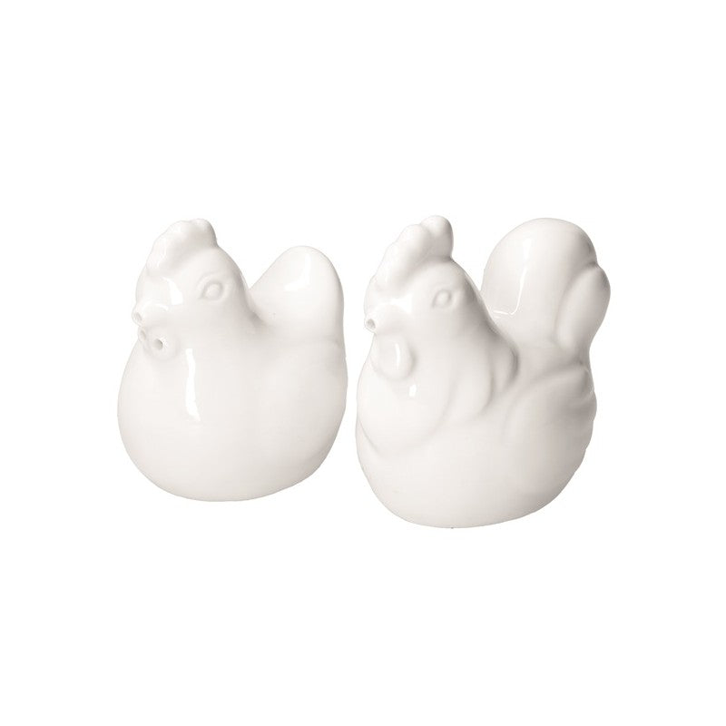 Set di 2 contenitori per sale e pepe in porcellana di colore bianca a forma di gallina. Dimensioni singolo pezzo: 5xh8 cm. In negozio e online su tuttochic.live