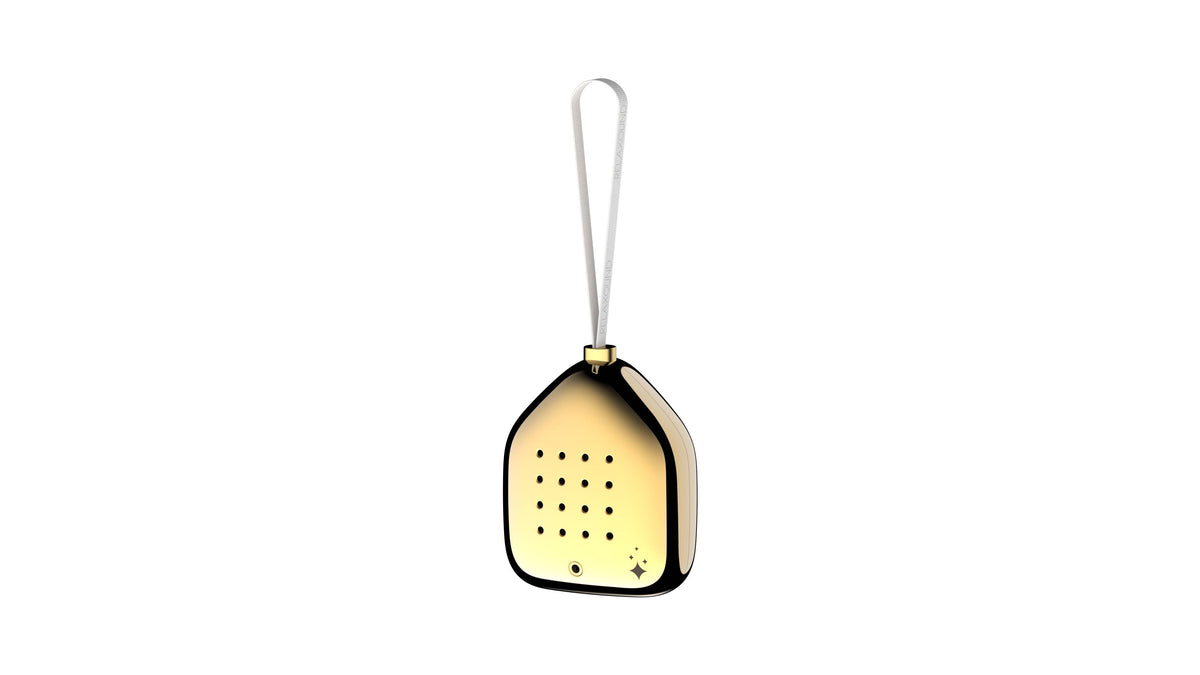Decorazione natalizia acustica Relaxound Jingle Bells Gold Glow in finitura oro a specchio con laccetto bianco