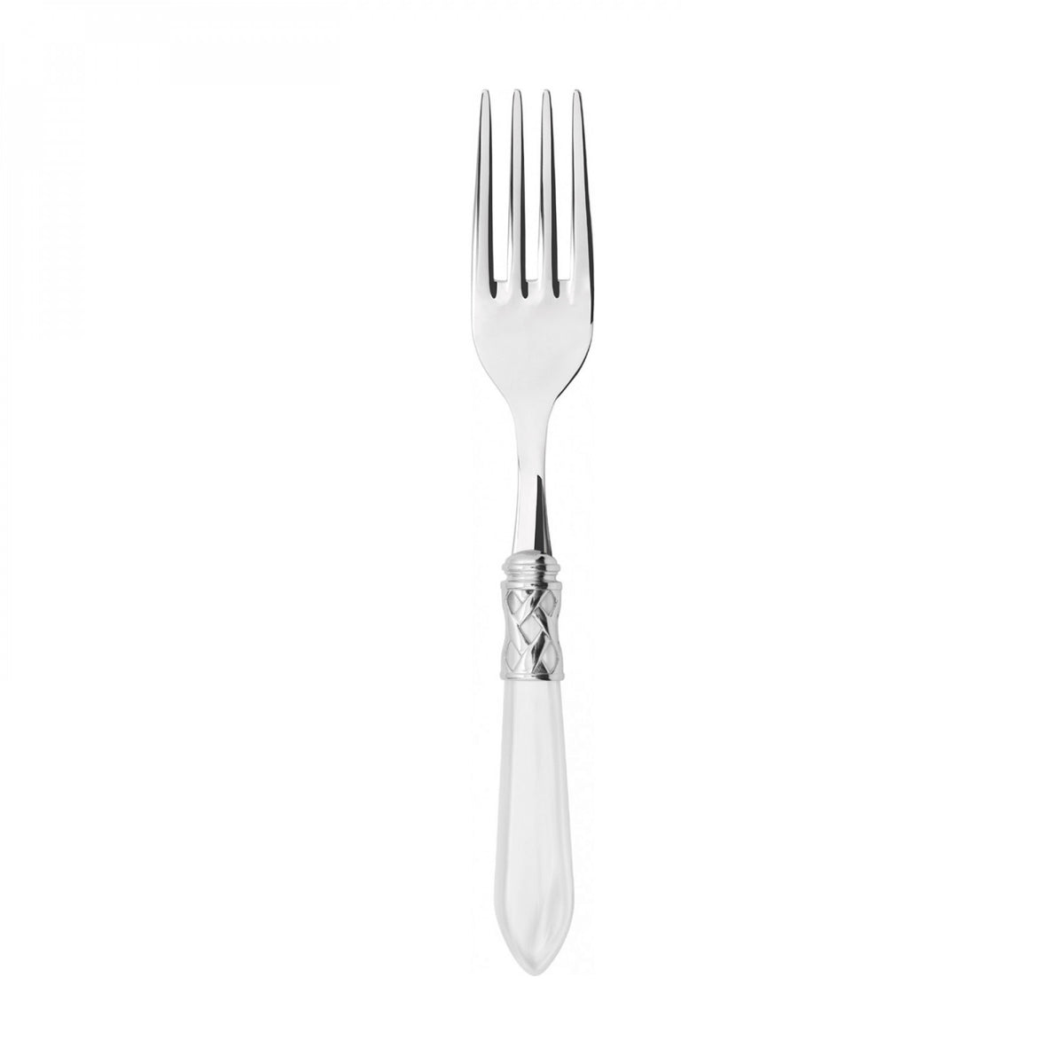 Forchettone per servire, colore bianco, finitura madreperlata, realizzata in acciaio inox 18/10, da un elegante manico in acrilico unito a una preziosa ghiera intrecciata con finitura acciaio lucido. Sono lavabili in lavastoviglie. Dimensioni: cm 5 x 24. Made in Italy. In negozio e online su tuttochic.live