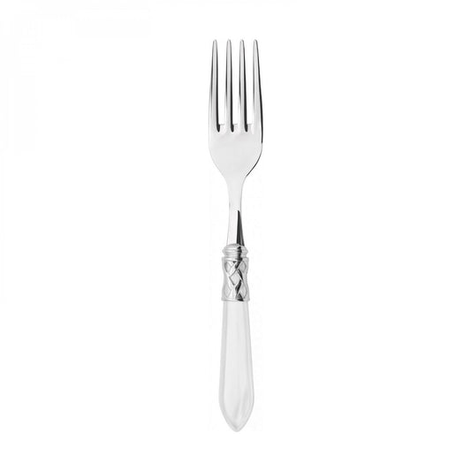 Forchettone per servire, colore bianco, finitura madreperlata, realizzata in acciaio inox 18/10, da un elegante manico in acrilico unito a una preziosa ghiera intrecciata con finitura acciaio lucido. Sono lavabili in lavastoviglie. Dimensioni: cm 5 x 24. Made in Italy. In negozio e online su tuttochic.live