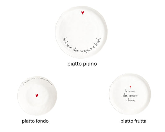 Servizio piatti composto da 18 pezzi: 6 piatti piani, 6 piatti fondi e 6 piatti dessert. Realizzati in gres porcellanato bianco con decoro "le buone idee vengono a tavola". In negozio e online su tuttochic.live