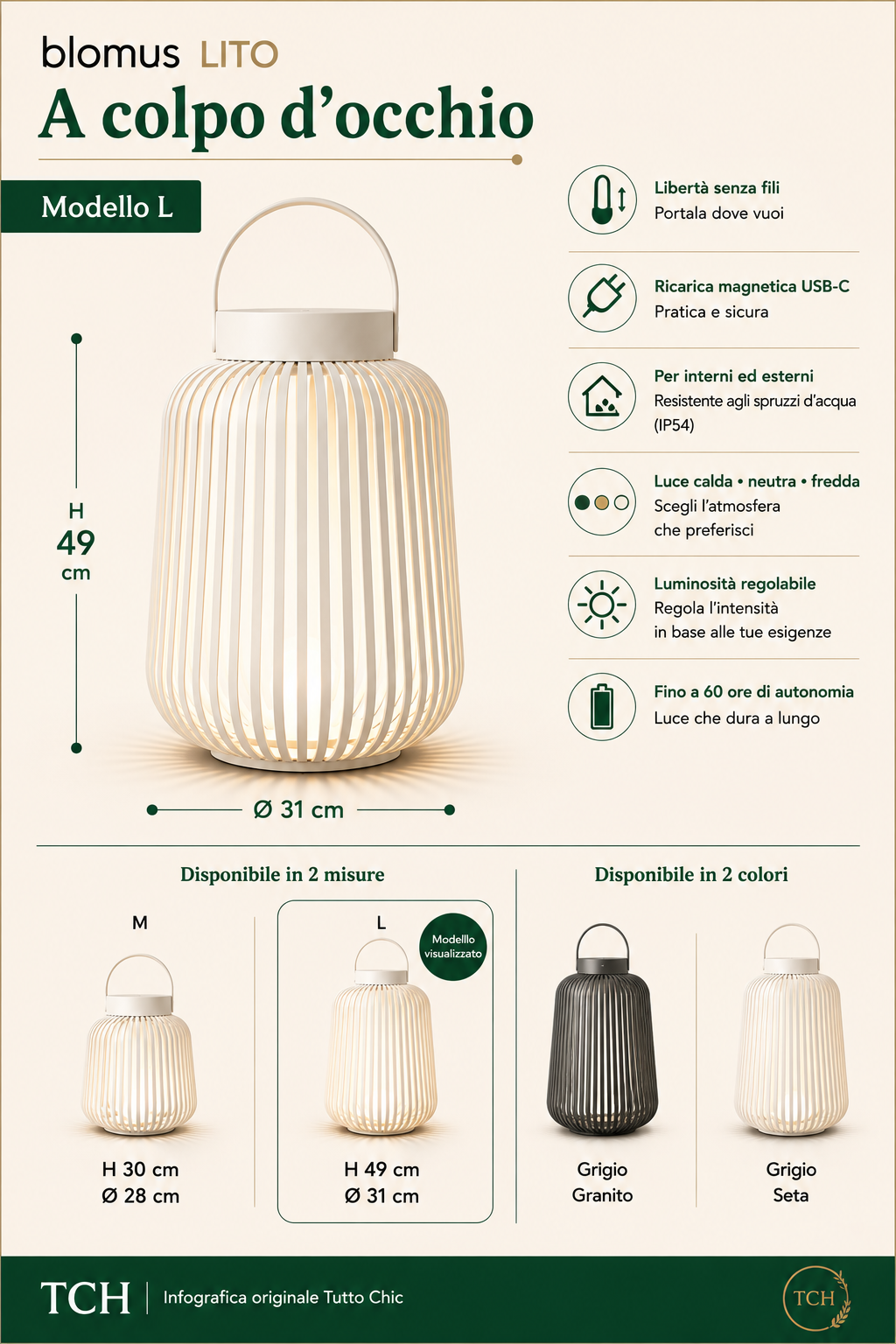Lampada LED Ricaricabile da Esterno LITO L H 49 cm – Lanterna Mobile Dimmerabile – Blomus