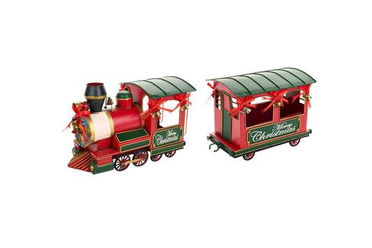 Set natalizio da 2 pezzi con locomotiva e carrozza vagone chiusa in metallo rosso e verde con scritta Merry Christmas, fiocchi e ghirlanda, di Nuvole di Stoffa.