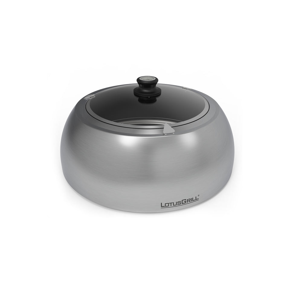 Cappa di cottura LotusGrill Standard in acciaio inossidabile satinato con oblò superiore in vetro trasparente e pomolo nero con termometro.