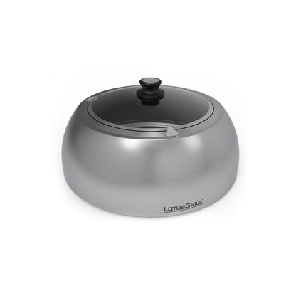 Cappa di cottura LotusGrill Standard in acciaio inossidabile satinato con oblò superiore in vetro trasparente e pomolo nero con termometro.