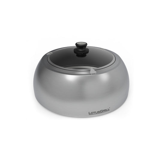 Cappa di cottura LotusGrill Standard in acciaio inossidabile satinato con oblò superiore in vetro trasparente e pomolo nero con termometro.