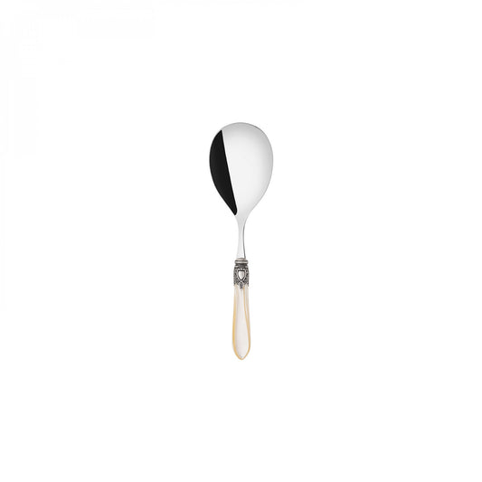 Cucchiaio servirisotto, colore avorio, finitura madreperlata, ghiera argento antico. Per garantire una tavola elegante dallo spirito regale Dimensioni: cm 7 x 25,5. Made in Italy. In negozio e online su tuttochic.live