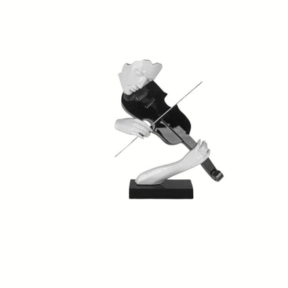 Scultura artistica d'arredo Mr Paganini di Ambienti Glamour alta 65 cm, raffigurante un violinista stilizzato in poliresina bianco e nero lucido con archetto in acciaio su base di marmo nero, Tutto Chic.