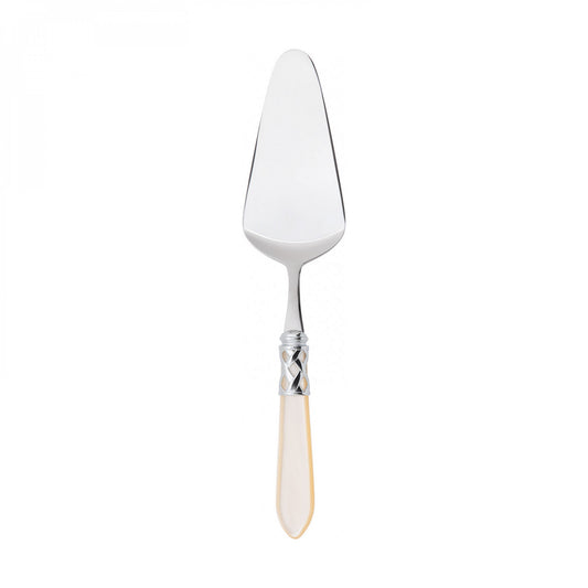 pala per servire torte e dessert, colore avorio, finitura madreperlata, realizzato in acciaio inox 18/10, da un elegante manico in acrilico unito a una preziosa ghiera intrecciata con finitura acciaio lucido. Sono lavabili in lavastoviglie. Dimensioni: cm 5 x 24. Made in Italy. In negozio e online su tuttochic.live