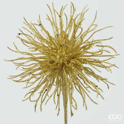 Dettaglio ravvicinato della testa a raggiera del ramo pompom EDG che mostra la densa texture di glitter oro e paillettes lucenti.