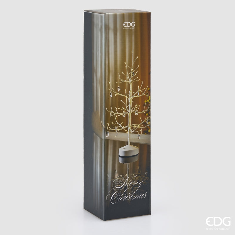 Albero di Natale a LED da tavolo modello Faggio White alto 45 cm, versione ricaricabile senza fili con 12 pendenti a goccia trasparenti effetto diamante, di EDG Enzo De Gasperi.