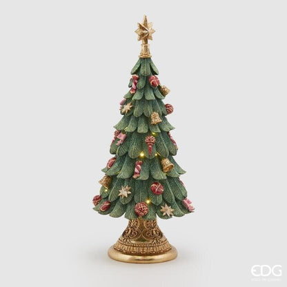 Albero di Natale da tavolo in poliresina verde e oro con dettagli rossi e rosa, alto 60 cm, firmato EDG Enzo De Gasperi. Base d'appoggio barocca dorata.