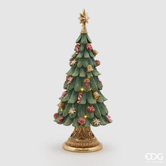 Albero di Natale da tavolo in poliresina verde e oro con dettagli rossi e rosa, alto 60 cm, firmato EDG Enzo De Gasperi. Base d'appoggio barocca dorata.