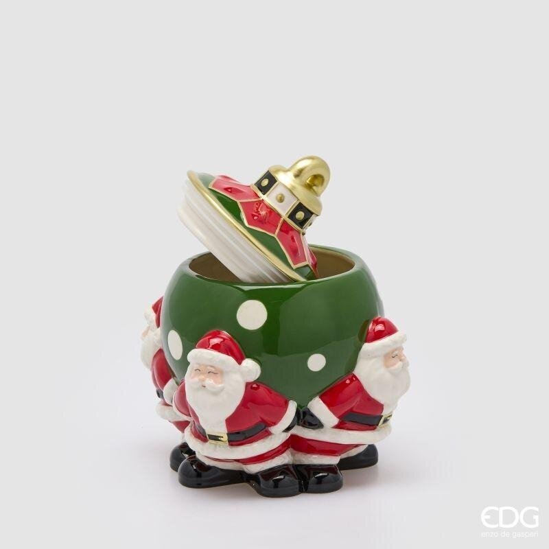 Contenitore in ceramica EDG con Babbo Natale e palla verde mostrato con il coperchio sollevato, evidenziando il vano interno portaoggetti.