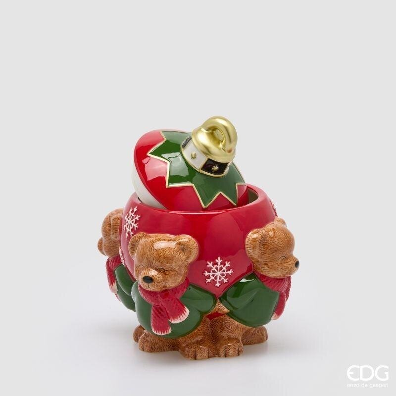 Contenitore in ceramica EDG con orsetti e palla di Natale rossa mostrato aperto, con il coperchio sollevato che rivela la capienza interna del vano portaoggetti.
