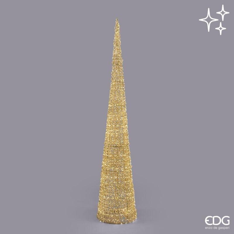 Grande albero di Natale luminoso a cono Curly di EDG Enzo De Gasperi, altezza 210 cm con 2400 MicroLED caldi e Flash, scultura conica dorata minimal per interni ed esterni protetti luxury.