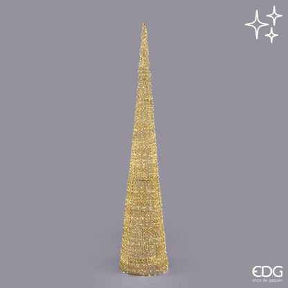 Grande albero di Natale luminoso a cono Curly di EDG Enzo De Gasperi, altezza 210 cm con 2400 MicroLED caldi e Flash, scultura conica dorata minimal per interni ed esterni protetti luxury.