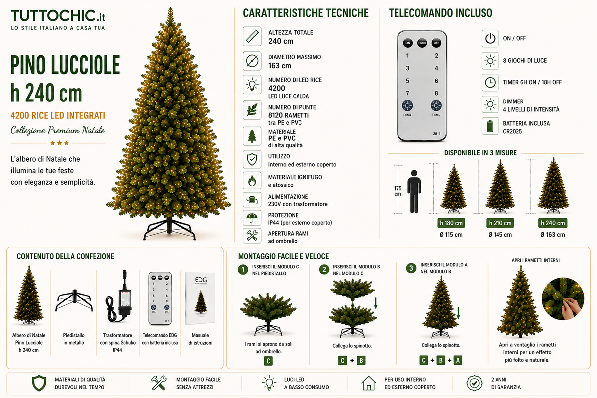 Albero di Natale Premium "Pino Lucciole" con 4200 Rice LED Integrati – H 240 cm – EDG Enzo De Gasperi