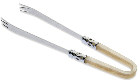 Pinza per carne e multiuso, colore avorio, finitura madreperlata, realizzato in acciaio inox 18/10, da un elegante manico in acrilico unito a una preziosa ghiera intrecciata con finitura acciaio lucido. Sono lavabili in lavastoviglie. Dimensioni: cm 5 x 24. Made in Italy. In negozio e online su tuttochic.live