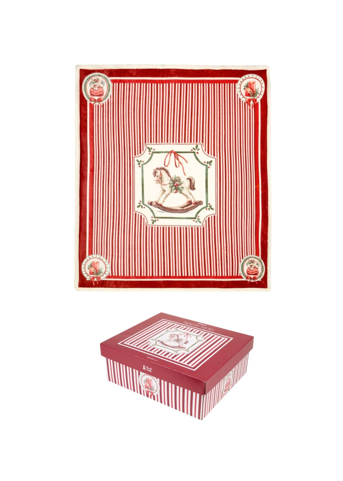 Esclusivo plaid natalizio Magic Noel di Nuvole di Stoffa ripiegato nella sua scatola regalo rigida, motivo a righe bianche e rosse con cavallo a dondolo, Tutto Chic.