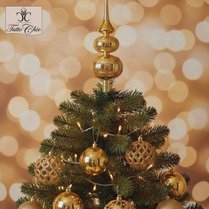 Grande puntale per albero di Natale in vetro soffiato color oro lucido, altezza 35 cm, caratterizzato da lancia liscia e due sfere sovrapposte con texture a rilievo effetto diamantato, brand EDG.