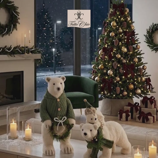 Famiglia orsi Polare in Peluche Bianco con Maglione Verde, sciarpa e cucciolo. Nuole di Stoffa, tuttochic.live