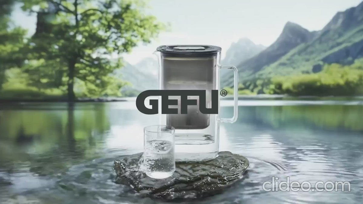 Caraffa filtrante PURALIS di GEFU in vetro borosilicato con cartuccia filtro BWT al magnesio.