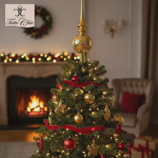 Puntale per albero di Natale in vetro soffiato color oro lucido, altezza 31 cm, caratterizzato da lancia liscia e sfera decorata con texture a rilievo, brand EDG.