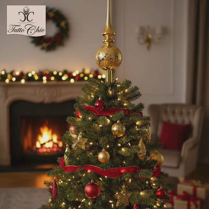Puntale per albero di Natale in vetro soffiato color oro lucido, altezza 31 cm, caratterizzato da lancia liscia e sfera decorata con texture a rilievo, brand EDG.
