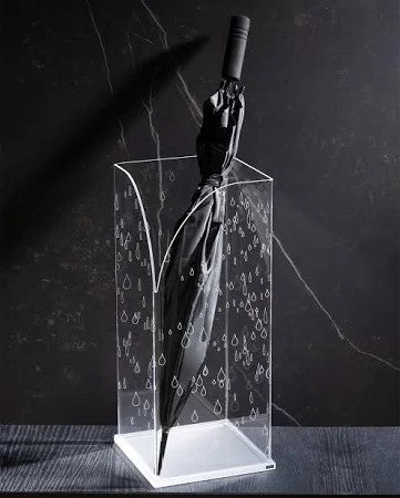Portaombrelli quadrato trasparente in metacrilato alto 51 cm con decoro gocce d'acqua e ombrello all'interno di Vesta Home.