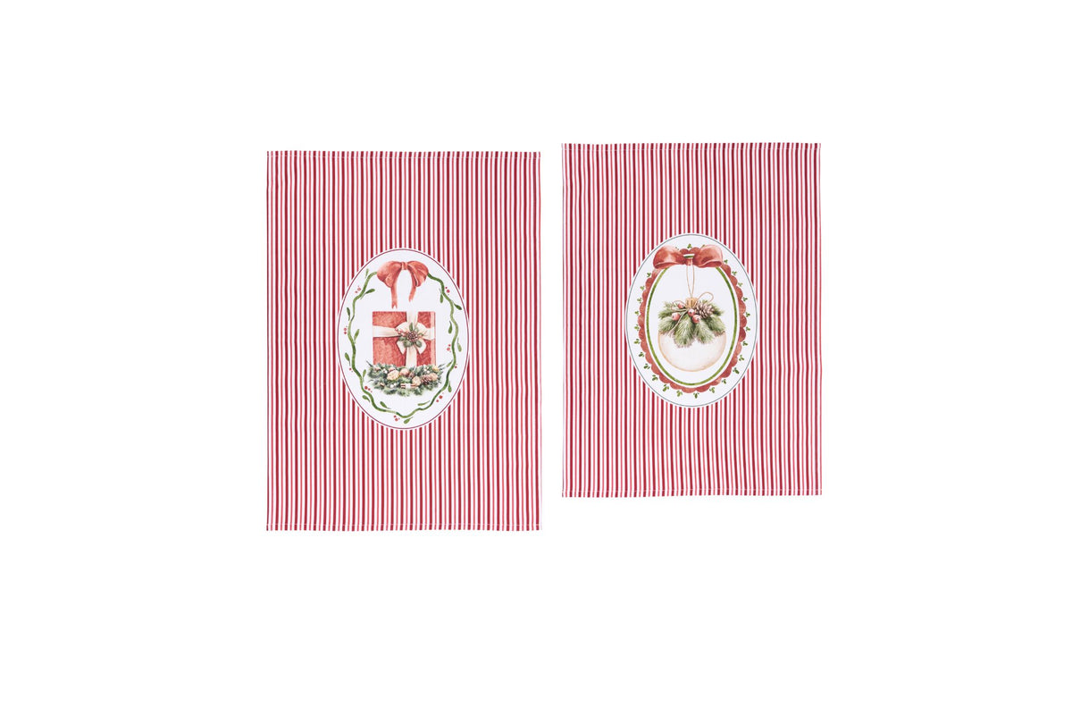 Strofinaccio natalizio 50x70 cm in cotone a righe bianche e rosse con stampa centrale vintage di un cavallo a dondolo, collezione Magic Noel Nuvole di Stoffa, Tutto Chic.