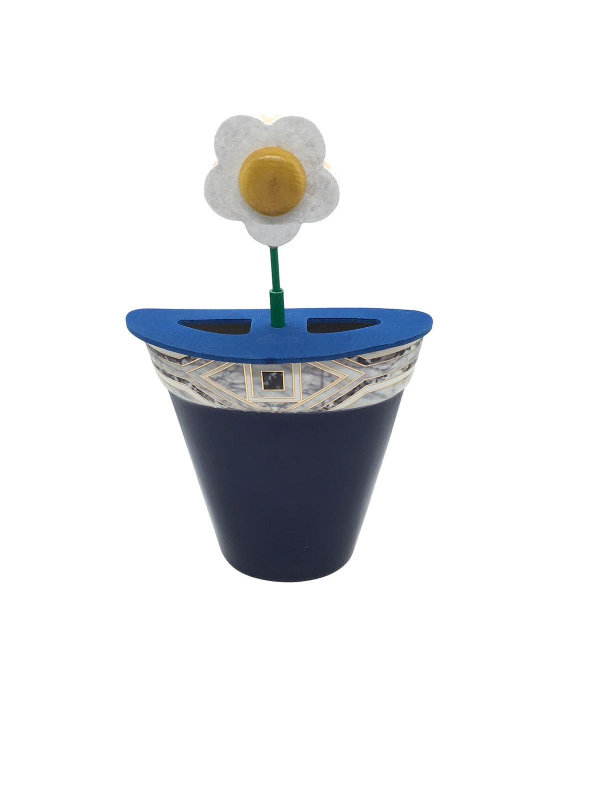 Umidificatore in ceramica decorata a forma di vasetto con fiore in legno munito di galleggiante che fornisce indicazioni sul livello dell'acqua. Dimensioni : vasetto H.14 cm, con fiore H. 30/24 cm  larghezza 13 cm, profondità 5 cm Made in Italy. In negozio e online su tuttochic.live