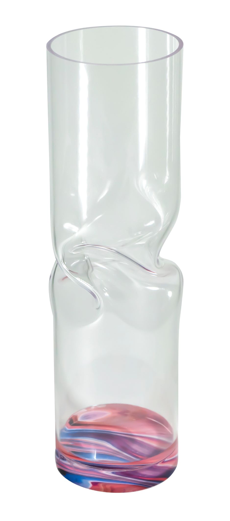 Vaso in cristallo acrilico trasparente con il fondo decorato con grafiche astratte multicolore rosa. Dimensioni: diametro cm 7 x 25 h. In negozio e online su tuttochic.live