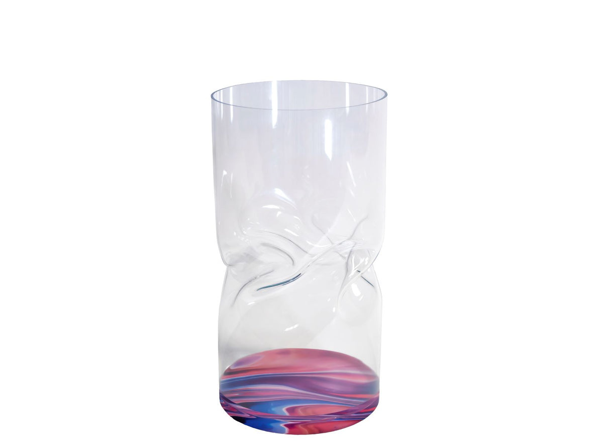 Vaso grande in cristallo acrilico trasparente con il fondo decorato con grafiche astratte multicolore rosa. Dimensioni: diametro cm 20 x 40 h. In negozio e online su tuttochic.live