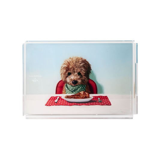 Vassoio in cristallo acrilico con decorazione retrospampata " Puppy Chow" Dimensioni: cm 32 x 22 x 3,5 h, spessore 5 mm. In negozio e online su tuttochic.live