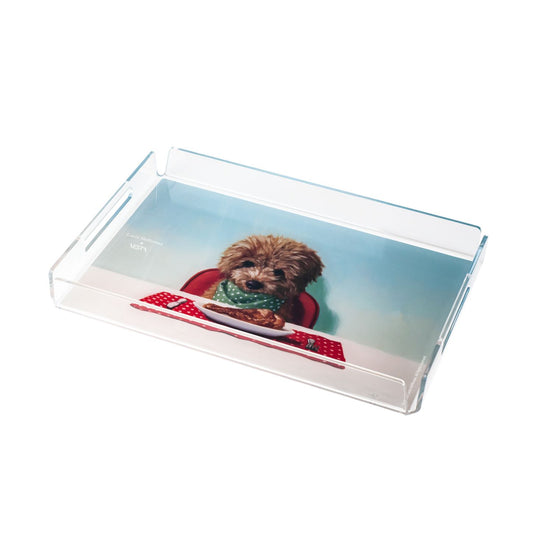 Vassoio in cristallo acrilico con decorazione retrospampata " Puppy Chow" Dimensioni: cm 32 x 22 x 3,5 h, spessore 5 mm. In negozio e online su tuttochic.live