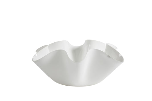Centrotavola grande in cristallo acrilico tagliato al laser e piegato a mano. Colori: interno bianco, esterno bianco satinato Dimensioni diametro cm 45øx15h. Spessore PMMA mm 5. In negozio e online su tuttochic.live
