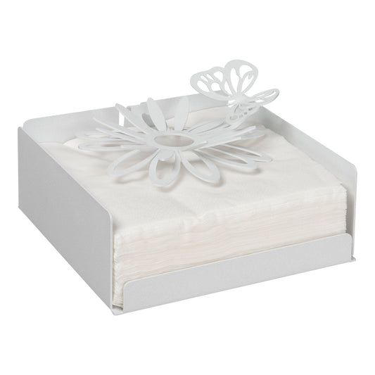 Porta Tovaglioli Margherite realizzato in metallo di colore bianco marmo è l’oggetto ideale per donare quel tocco di design alla tua tavola e alle tue feste! I fazzoletti sono tenuti insieme dal classico fiore della Primavera e da una farfalla leggiadra. Dimensioni: cm17 x 17P x 12H. In negozio e online su tuttochic.live