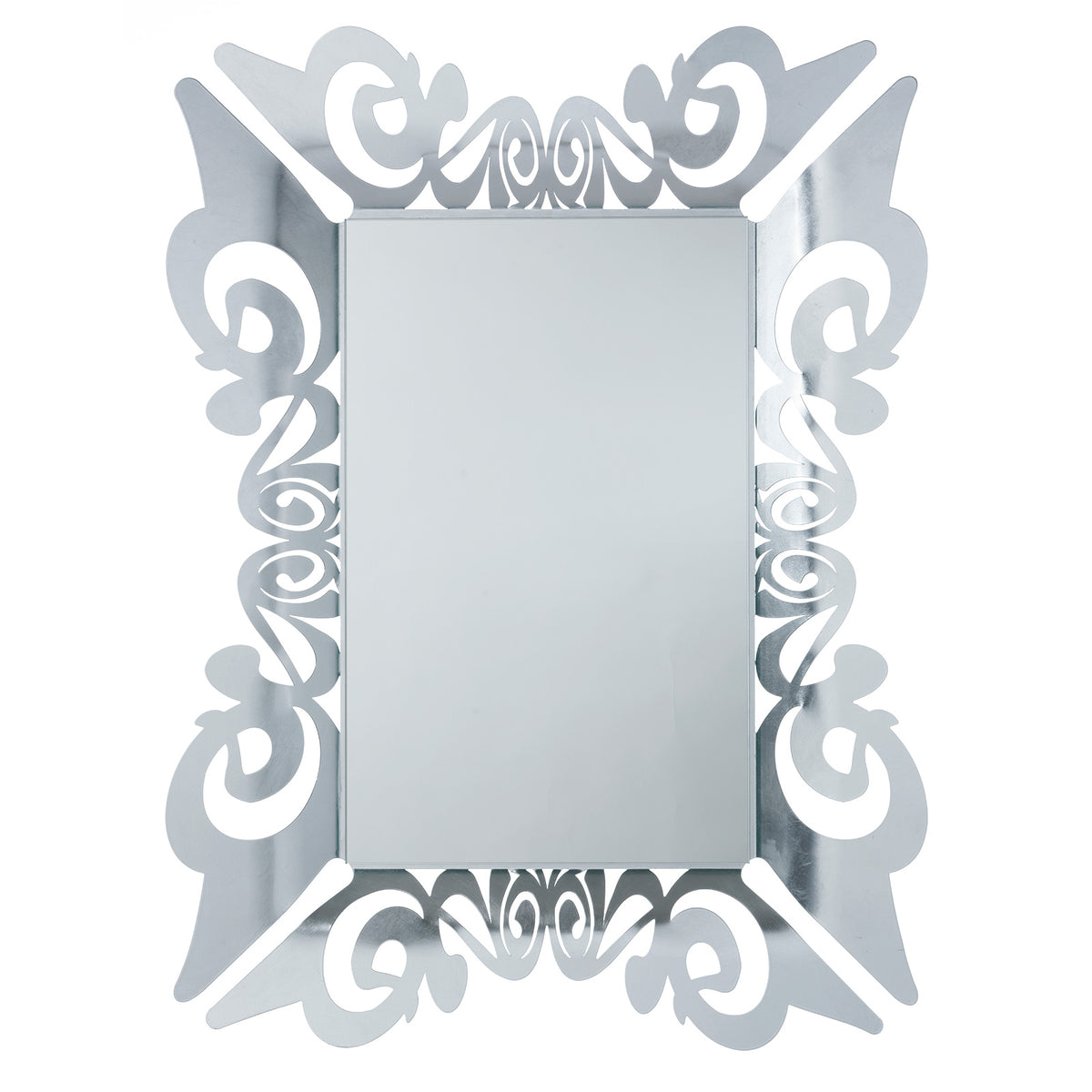 Specchio da parete decorato con applicazione manuale di foglia argento Vanity, caratterizzato da particolare design. Il suo stile elegante e la sua cornice gli donano un tocco di raffinatezza. Dimensioni: cm 80 x 100H (43 x 68H). In negozio e online su tuttochic.live