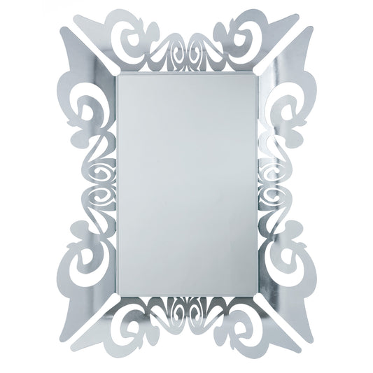 Specchio da parete decorato con applicazione manuale di foglia argento Vanity, caratterizzato da particolare design. Il suo stile elegante e la sua cornice gli donano un tocco di raffinatezza. Dimensioni: cm 80 x 100H (43 x 68H). In negozio e online su tuttochic.live