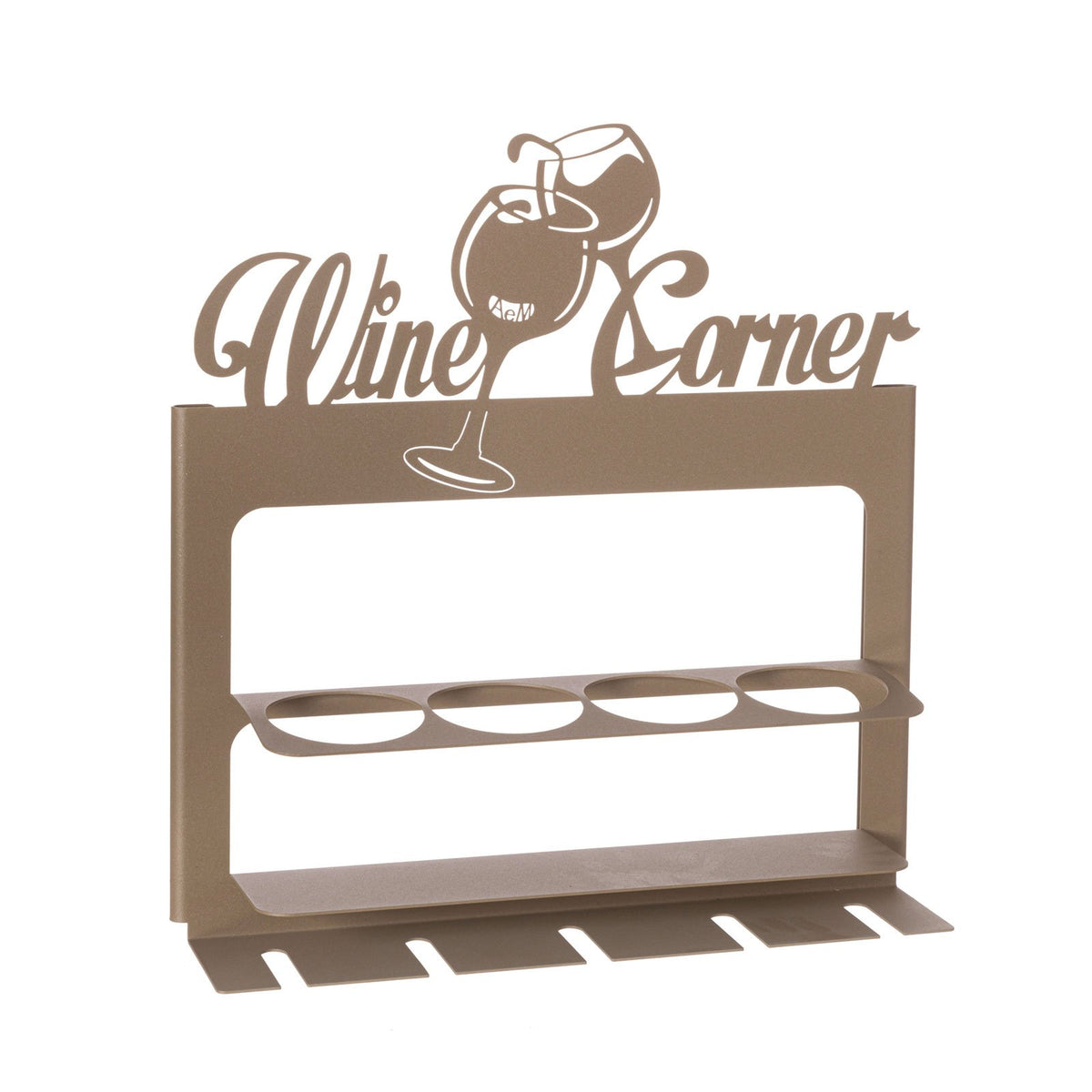 Porta bottiglie da parete in metallo, con porta calici. Decorato con scritta moderna ed elegante “Wine Corner” e due calici di vino. Dimensione: 45 x 10P x 45 H Materiale: ferro verniciato a polvere epossidica di colore beige. In negozio e online su tuttochic.live