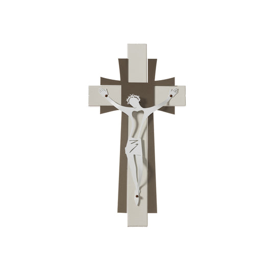 Crocifisso da parete in metallo dal design contemporaneo e sviluppato su più livelli dai colori avorio, bronzo e bianco marmo. Dimensioni: cm 23 x 2p x 44h. In negozio e online su tuttochic.live
