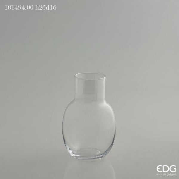 Vaso bombato in vetro trasparente con collo. Dimensioni: cm h 25 x ø 16 ( bocca collo ø 8 cm). In negozio e online su tuttochic.live