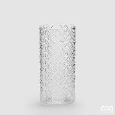 Vaso portafiori in vetro trasparente con decoro rombi. Dimensioni: cm ø 11, h cm 24. In negozio e online su tuttochic.live