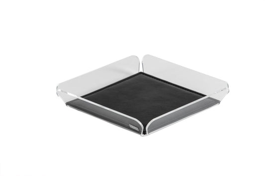 ANYTHING Vuotatasche in cristallo acrilico trasparente con cuscinetto nero. Dimensioni cm 18x18x3 h. Spessore PMMA mm 3. In negozio e online su tuttochic.live
