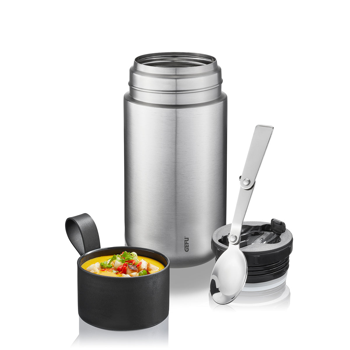 Elegante portapranzo CAREO, compagno perfetto per la pausa pranzo in viaggio. mantiene il cibo caldo per 9 ore e freddo per 12 ore 100% a tenuta stagna, 600 ml  Ø 8,5 cm, H 19,0 cm acciaio inossidabile / plastica / silicone di alta qualità parzialmente lavabile in lavastoviglie. In negozio e online su tuttochic.live