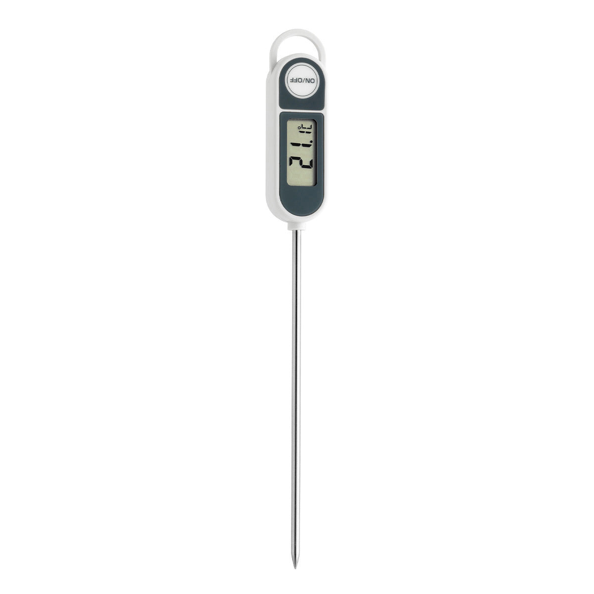 Termometro digitale a immersione con sonda (140 mm). • Misurazione di sostanze liquide, plastiche e polverose con funzione di max e min • Impermeabile (IP55) • Spegnimento automatico • Custodia • Ambito di misurazione: da - 50°C a +300°C • Alimentazione: 1 batteria LR44 (inclusa) • Dimensione: 25 x 17 x 235