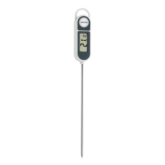 Termometro digitale a immersione con sonda (140 mm). • Misurazione di sostanze liquide, plastiche e polverose con funzione di max e min • Impermeabile (IP55) • Spegnimento automatico • Custodia • Ambito di misurazione: da - 50°C a +300°C • Alimentazione: 1 batteria LR44 (inclusa) • Dimensione: 25 x 17 x 235
